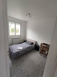 sypialnia z łóżkiem, krzesłem i oknem w obiekcie Petite maison de 70m2 très calme w mieście Bellerive-sur-Allier