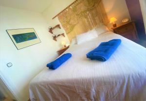 a bedroom with a bed with blue pillows on it at Salinetas, frente al mar y playa in Telde