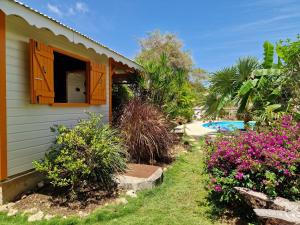 a house with a window and a yard with flowers at Bungalows du Soleil - Piscine Jardin Fleuri in Le Gosier
