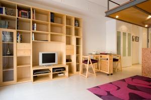 a living room with a desk and a tv and bookshelves at Reina Amalia Apartment in Barcelona