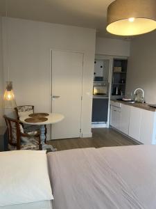 1 dormitorio con cama, mesa y cocina en Hysope : Studio aux couleurs toutes douces !, en Bagnères-de-Bigorre
