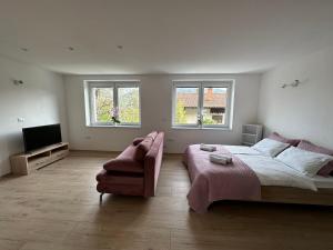a bedroom with a large bed and a chair at Apartma ALTA in Tolmin