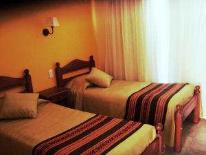 ビージャ・ペウエニアにあるMiralagos Apart & Cabañasのベッド2台と窓が備わるホテルルームです。