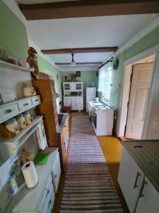 una cocina con paredes verdes y electrodomésticos blancos en Domek na wsi en Tomaszów Lubelski
