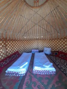 two blue beds in a yurt with a rug at Yurt camp Meiman Ordo in Bokonbayevo