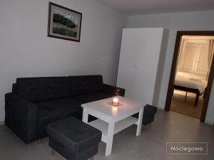 a living room with a black couch and a table at Ostoja Nad Rzeką in Łeba +6 photos