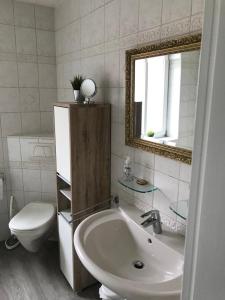 ein Badezimmer mit einem Waschbecken, einem WC und einem Spiegel in der Unterkunft Ferienhaus Ankerplatz in Fehmarn