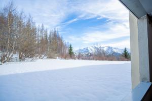 a view of a snow covered field with mountains at Appartement cosy 1 chambre 4 pers face pistes 09 in LʼHuez +3 photos