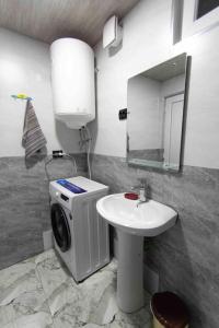 uma casa de banho com um lavatório e uma máquina de lavar roupa em A-frame mestia em Mestia