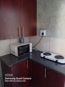 cocina con microondas y fogones en la encimera en MD VIP Guesthouse - Debruin Ermelo, en Ermelo