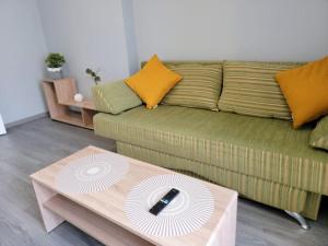 a living room with a green couch with a remote control on a table at Central Exclusive Ap4you.if in Ivano-Frankivsʼk
