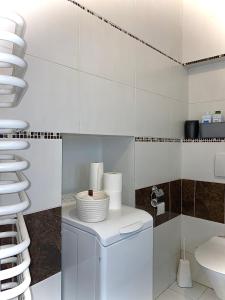 a white bathroom with a toilet and a sink at HOME City Stay Chemnitz in Chemnitz +15 photos