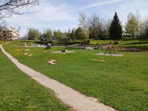 um parque com um caminho na relva em Location appartement à Bonascre em Ax-les-Thermes