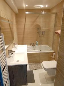 uma casa de banho com um lavatório, uma banheira e um WC. em Liège centre Médiacité appartement parking gratuit terrasse immense 8ème pour 2 personnes em Liège