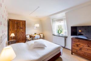 a bedroom with a bed and a flat screen tv at Villa Sonnenseite Jonsdorf in Kurort Jonsdorf