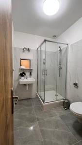a bathroom with a shower and a toilet and a sink at SOFI living in Ostrava