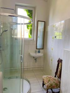 uma casa de banho com uma cabina de duche em vidro e um lavatório. em Villa Luca em Mosonmagyaróvár