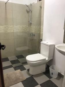 La salle de bains est pourvue de toilettes, d'une douche et d'un lavabo. dans l'établissement Symon Belle Mare Lodge, à Belle Mare