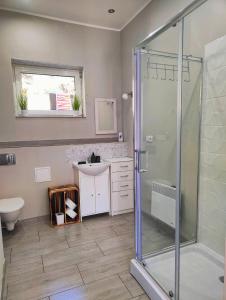 a bathroom with a shower and a sink at Apartament Baranek Nad Jeziorem in Gostycyn