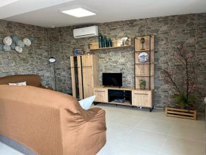 1 dormitorio con 1 cama, TV y pared de piedra en Villa Vazquez Sanxenxo La Lanzada, en Balea