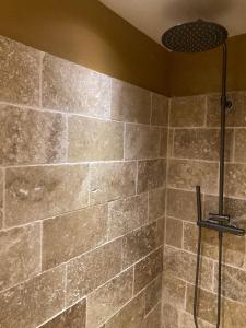 a bathroom with a shower with a stone wall at T2-Avignon - centre historique in Avignon +11 photos