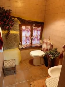 La salle de bains est pourvue de toilettes, d'une baignoire et d'un lavabo. dans l'établissement Quinta do Cavaco, à Lázaro