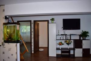 uma sala de estar com um aquário e uma televisão em Kangen Center Dobrogea House em Năvodari
