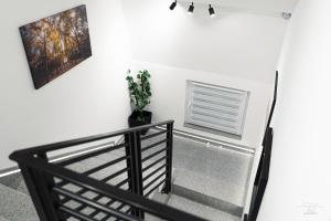 a stairway with a black railing and a window at J&S Apartments in Niš