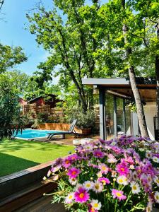 un jardin avec des fleurs violettes et une piscine dans l'établissement Pine-Wood Resort, à Balatonalmádi