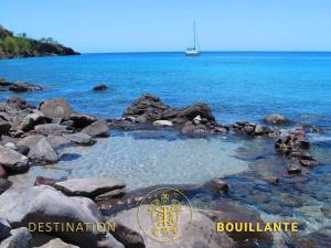 a rocky shore with a boat in the water at Viens sur la Cote d'Azure de bouillante! in Bouillante