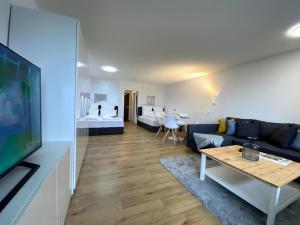 a living room with a couch and a table at 1-Zimmerapartment mit Burgblick in Bad Liebenzell
