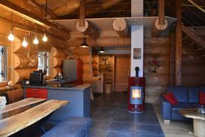 a kitchen and living room with a stove in a cabin at Chalet Enzian Bayerwald in Arnbruck