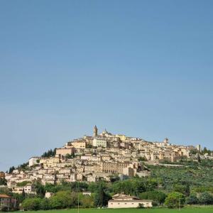 miasto na szczycie wzgórza z domami w obiekcie Ospitaci Casa Vacanze Trevi w mieście Perugia