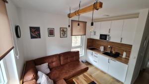 salon z kanapą i kuchnią w obiekcie Apartmani Šišarka Jahorina w mieście Jahorina
