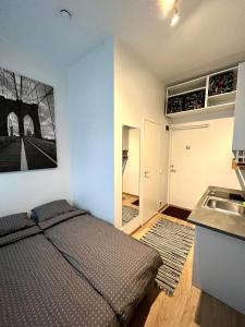 1 dormitorio con 1 cama y lavamanos. en Savi Apartment, en Pärnu