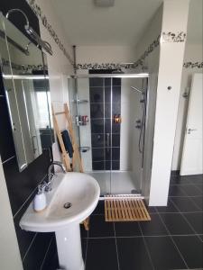 a bathroom with a sink and a shower at Vista Mara in Donegal