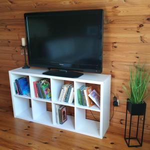 a tv on a white tv stand with books at Izbushka Apartment in Tūja