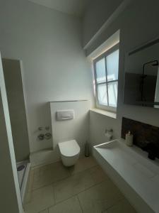 a white bathroom with a toilet and a sink at Naabsuite in Neustadt an der Waldnaab