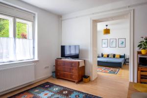 a living room with a television and a couch at Diófa Vendégház, Zebegény in Zebegény