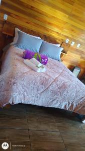 a bed with a pink comforter and two dolls on it at POUSADA RECANTO DOS VAGA-LUMES in Urubici