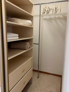 a walk in closet with shelves and towels at New Apartment "Family Estate" in Kamianets-Podilskyi