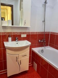 a bathroom with a sink and a bath tub at New Apartment "Family Estate" in Kamianets-Podilskyi