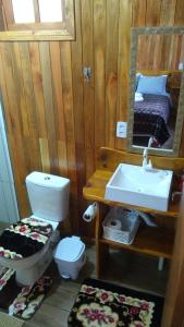 a bathroom with a sink and a toilet and a mirror at POUSADA RECANTO DOS VAGA-LUMES in Urubici