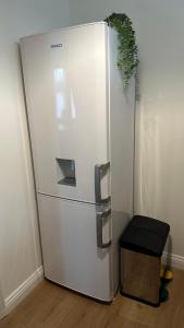 a refrigerator with a plant on top of it at Stylish & Cosy - Flat 6, Osborne Road in Pontypool