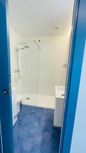 een badkamer met een douche, een toilet en een wastafel bij Apartamentos BRAVO MURILLO con garaje en centro histórico in Badajoz