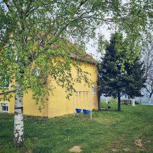 una casa gialla con due vasi blu davanti di Casa Horizont a Slankamenački Vinogradi