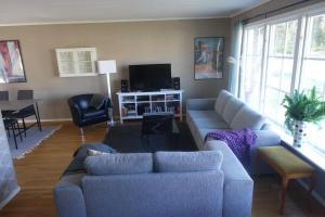 a living room with a couch and a tv at Spacious house with sauna 2 bathrooms and indoor pingis table! in Hestra