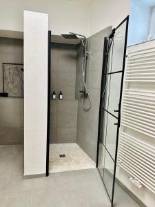 een douche met een glazen deur in de badkamer bij Heimat - Ein Stück Heimat im Alltag in Bad Dürkheim