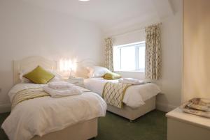 a bedroom with two beds and a window at Waters Edge in Deganwy