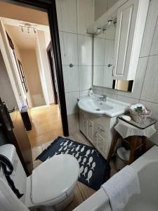 a bathroom with a toilet and a sink and a mirror at Вила Елена-Villa Elena in Skala Potamias